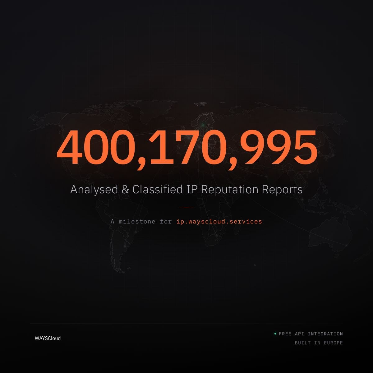The number 400,170,995 in orange over a dark world map, above the caption Analysed and Classified IP Reputation Reports.