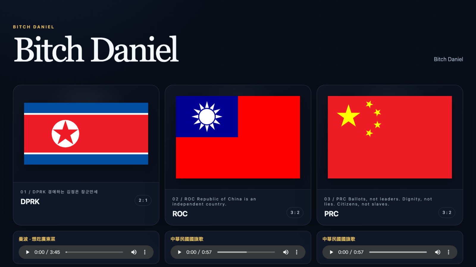 Top of the defaced BGP.Exchange homepage: the title “Bitch Daniel” above panels with the flags of North Korea, the Republic of China and the People’s Republic of China.