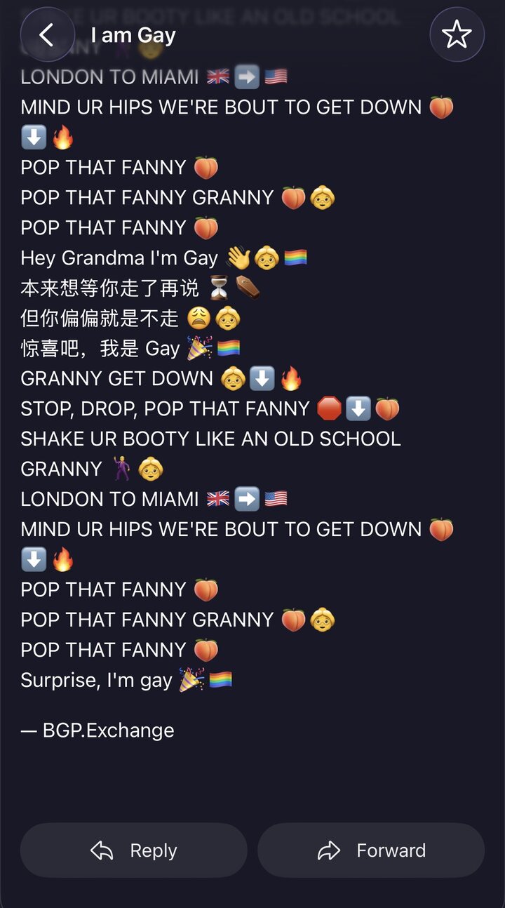 Phone screenshot of the email titled “I am Gay”: capitalised English party-song lyrics with emoji, three Chinese lines and the sign-off “— BGP.Exchange”.