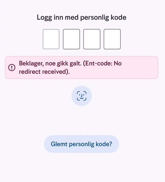 Skjermbilde fra Norsk Tipping-appen som viser innloggingsfeil med meldingen «Ent-code: No redirect received» under personlig kode.