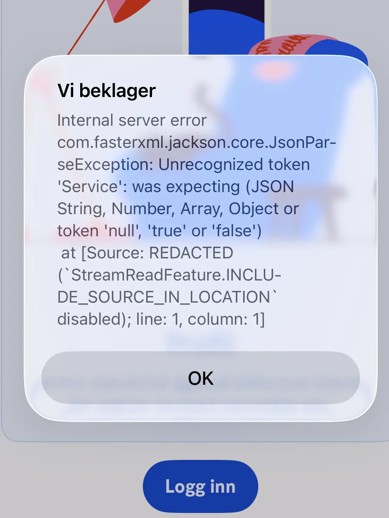 Skjermbilde fra Norsk Tipping-appen som viser en intern serverfeil med Java/Jackson-meldingen JsonParseException rett før VM-kampen Norge–Elfenbenskysten.