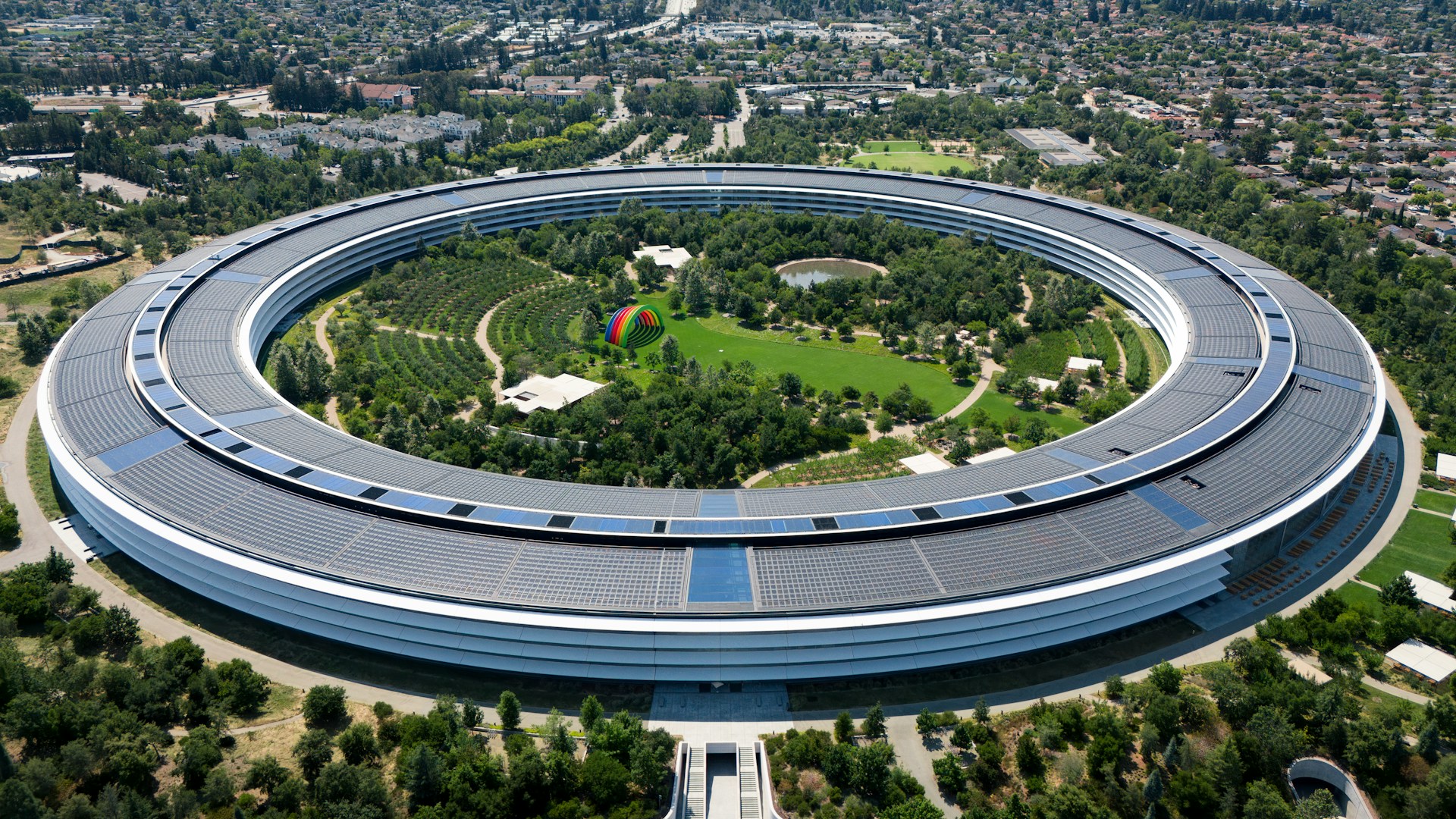 Apple Cupertino headquarters from above, drone footage
