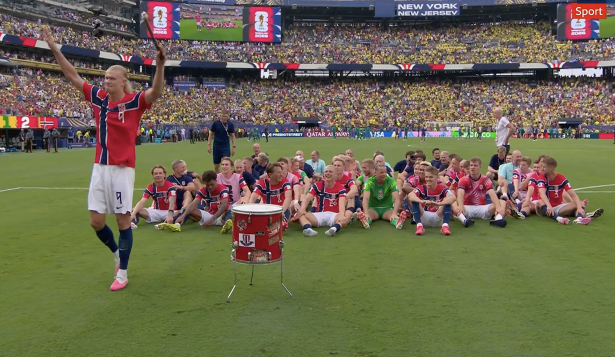 Erling Haaland and the Norwegian national team celebrate after scoring against Brazil at the 2026 World Cup.